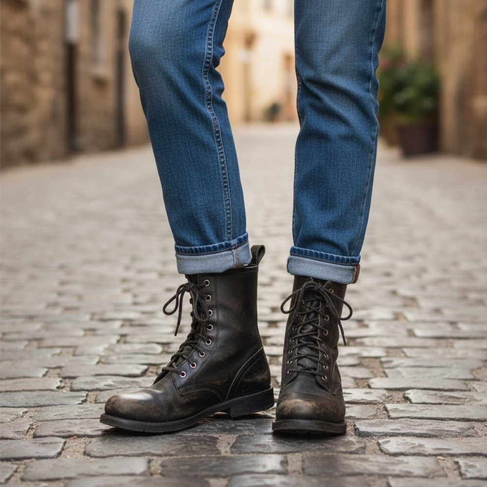 Frye Veronica Combat Distress Black Brown Tumbled Leather Laced Combat AnkleBoot - Picture 3 of 14
